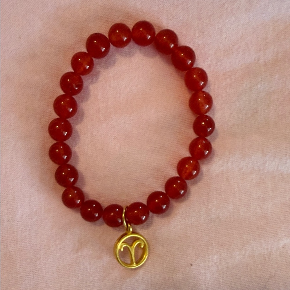 Red Beaded Bracelet with Gold Aries Charm - Unbranded